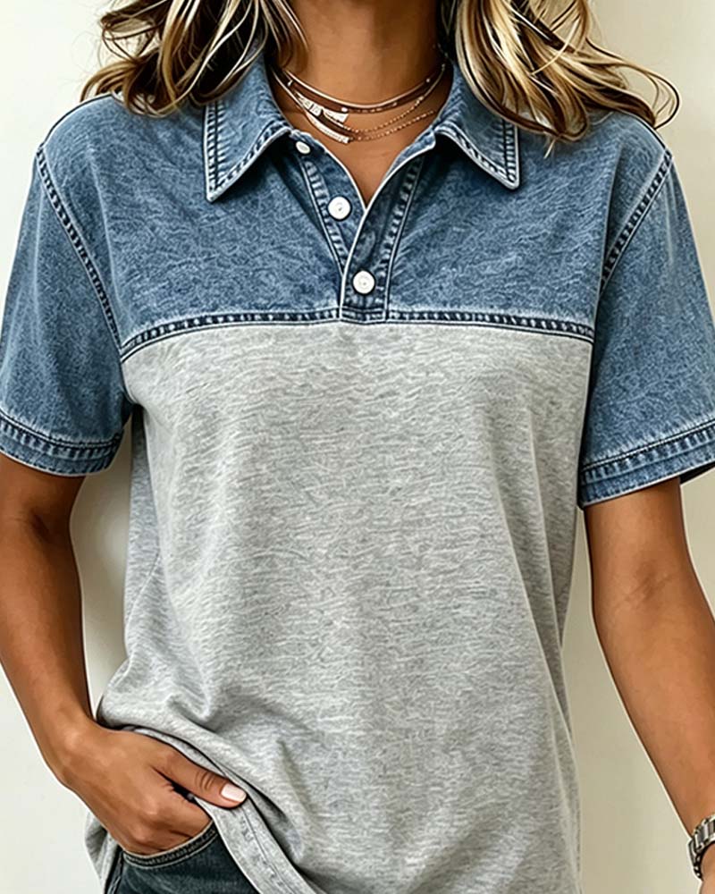Bluse Kort Erme Skjorte Krage Denim Patchwork