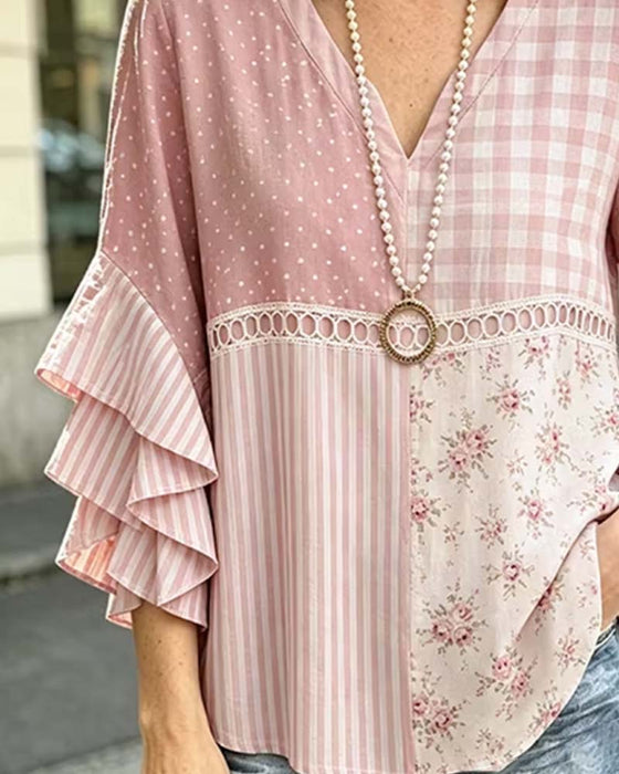 Bluse Dobbelt Lag Ruffle Ermer Stripet Prikket Trykk