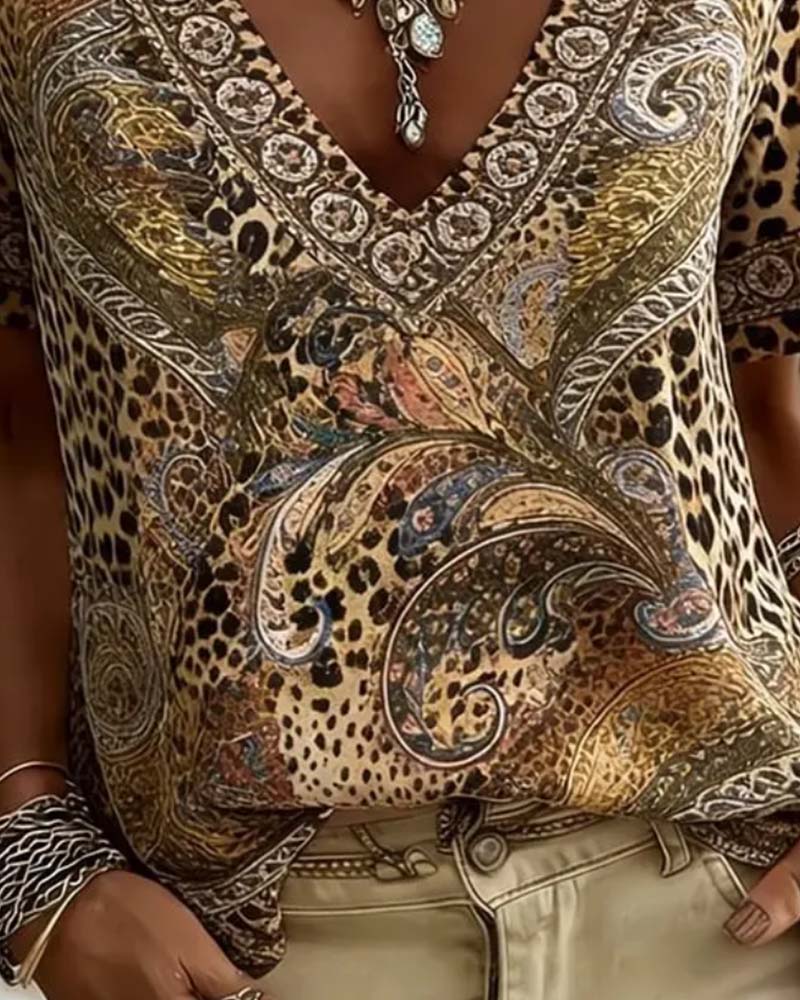 Bluse V-Hals Leopard Trykk Kort Erme Avslappet