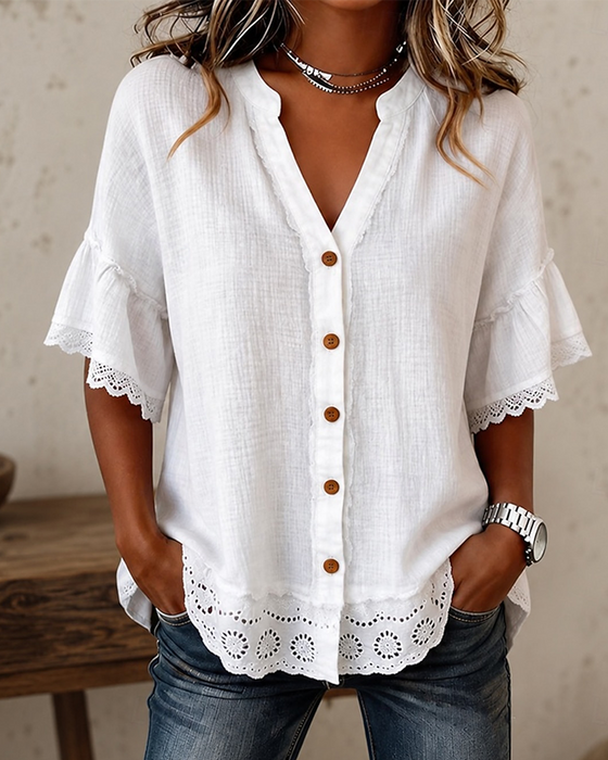 Bluse V-hals Blonder Patchwork Knapp
