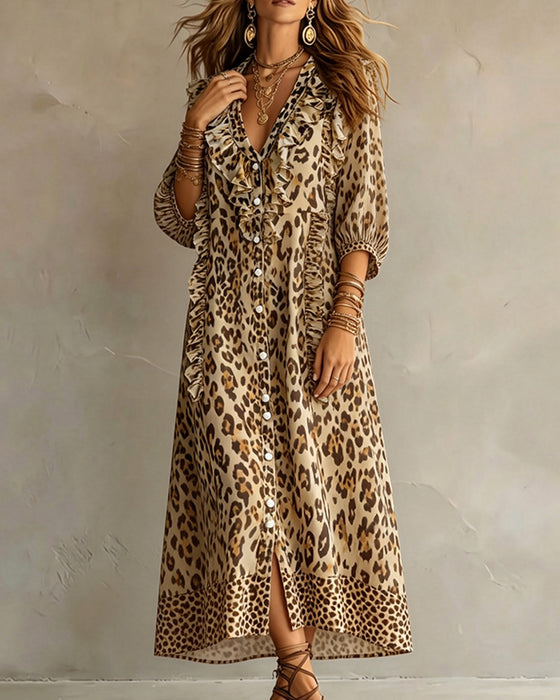 Kjole Leopardtrykk Rynkekant Fall Maxi