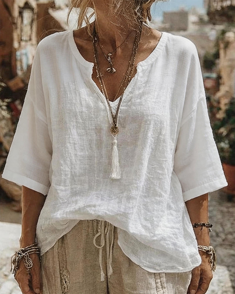 Topp V-Hals Halv Erme Solid