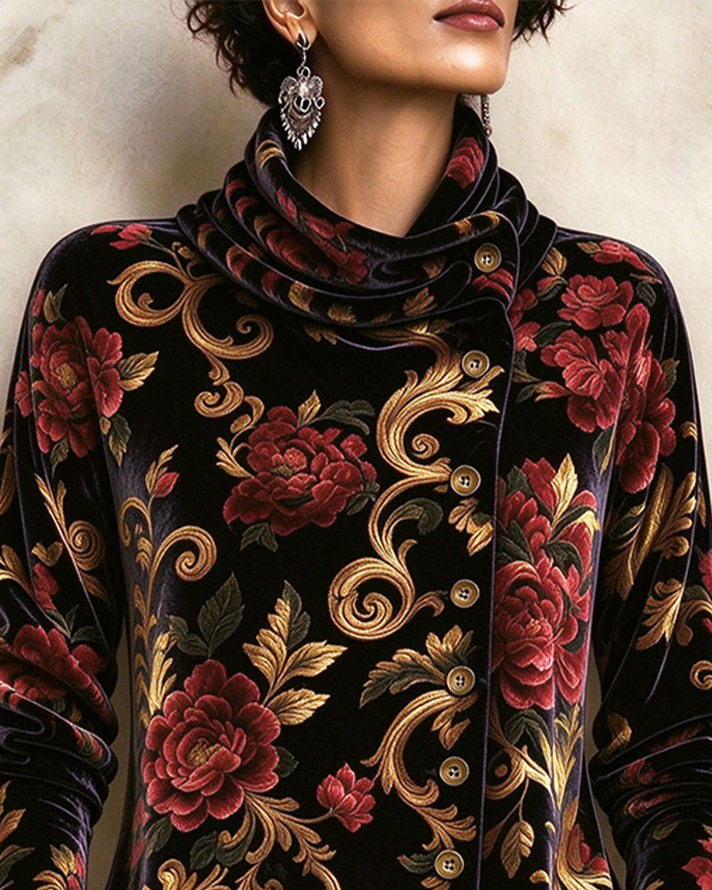 Topp Vintage Blomstret Turtleneck Skråknappet
