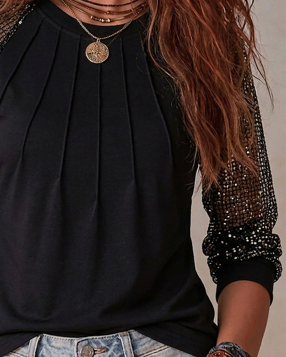 Bluse Rund Hals Plissert Rutete