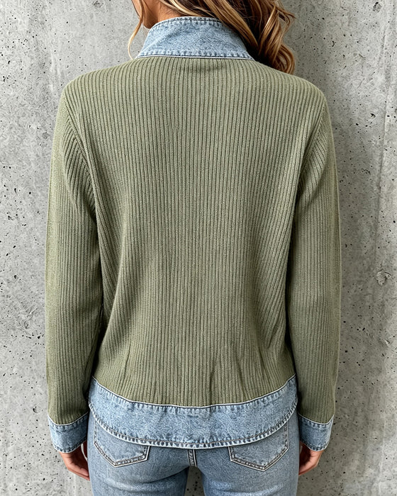Frakk Avslappet Denim Panel Strikket