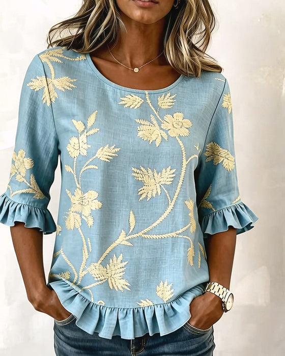 Bluse Jasmin Rysje Rund Hals Halvlang Erme