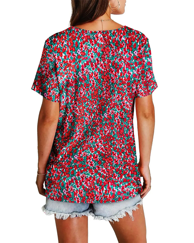 Bluse Blomstret V-Hals Kortermet