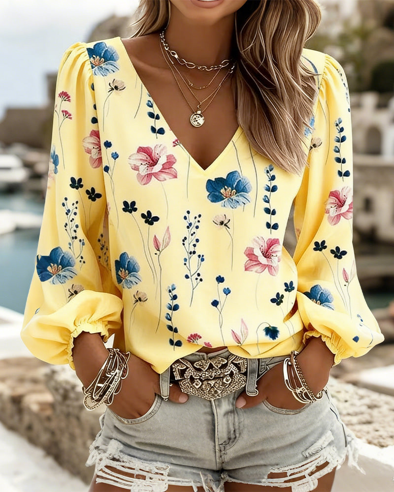 Bluse Lykt Erme V-Hals Blomstret