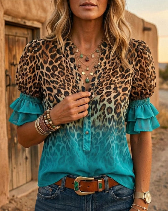 Leopardmønstret V-Hals Gradient Rysje Bluse