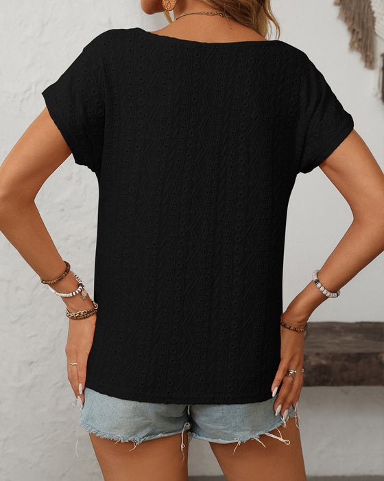 Bluse Rund Hals Knapper Utskjæring Kort Erme