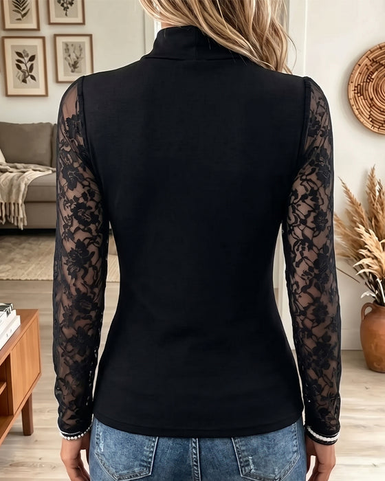 Topp Høy Hals Gjennombrutt Blonde Lappeteppe Slim-Fit