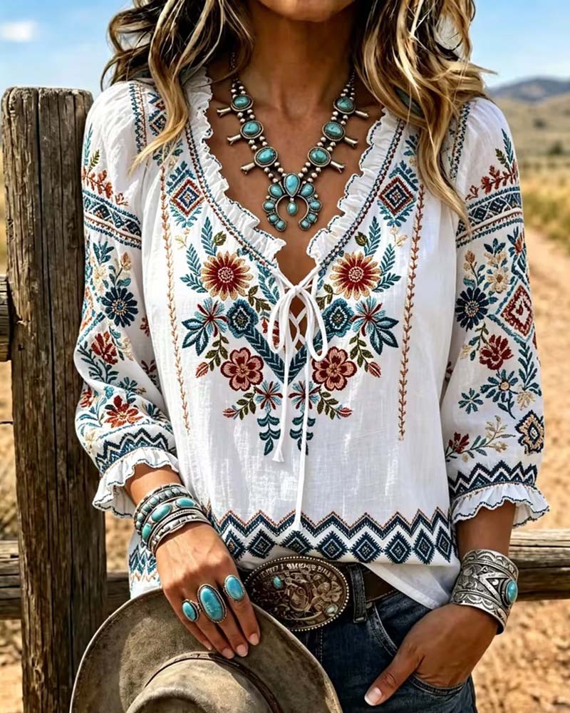 Bluse V-Hals Bohemisk Ruffle