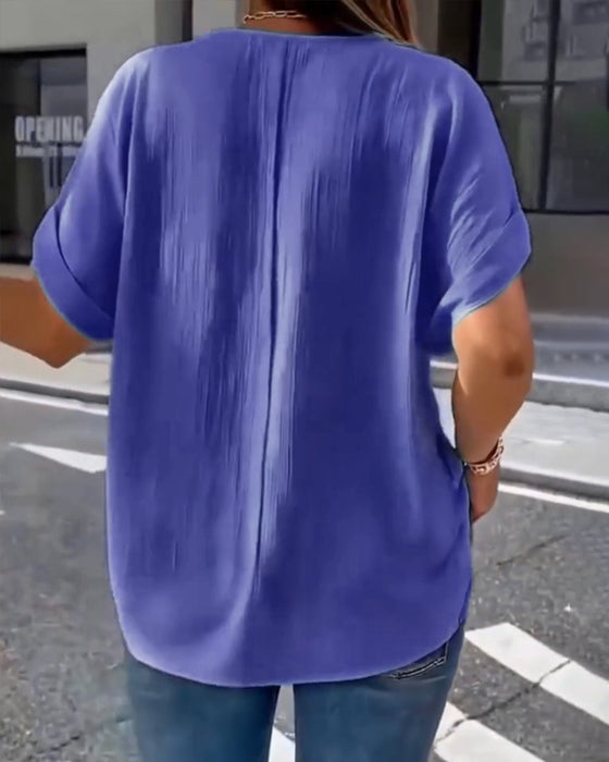 100% Bomull T-Skjorte V-Hals Løs Teksturert