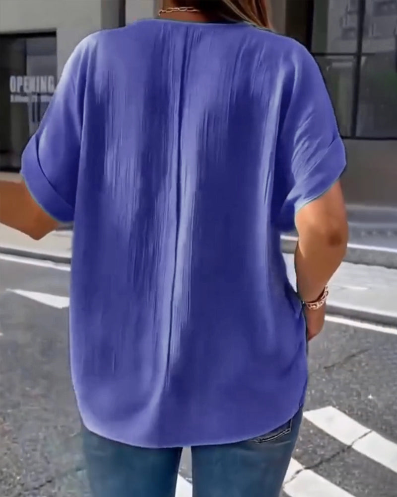 100% Bomull T-Skjorte V-Hals Løs Teksturert