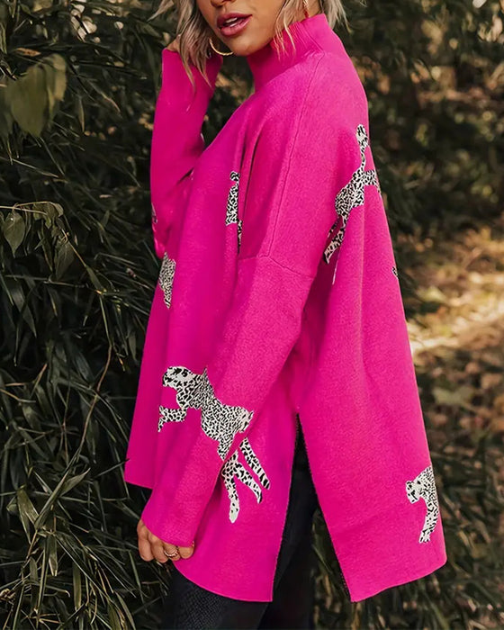 Stilig løs genser med leopardmønster med høy hals