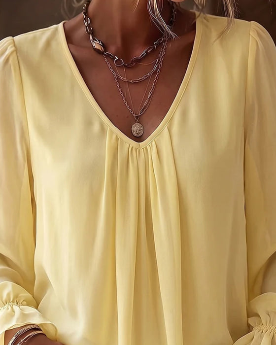 Bluse V-Hals Rynket Puffererme Ruffle