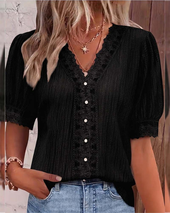Bluse Blonde Lappeteppe V-Hals Puff Erme