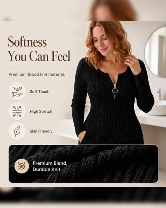 Kjole Glidelås Ribbet Langermet Bodycon