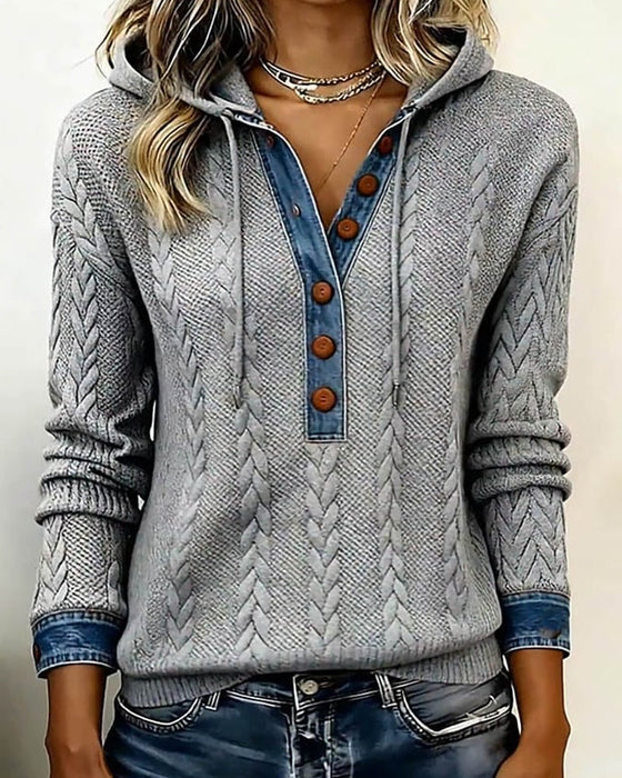 Fargeblokkert Langermet Hettegenser Med Knapper