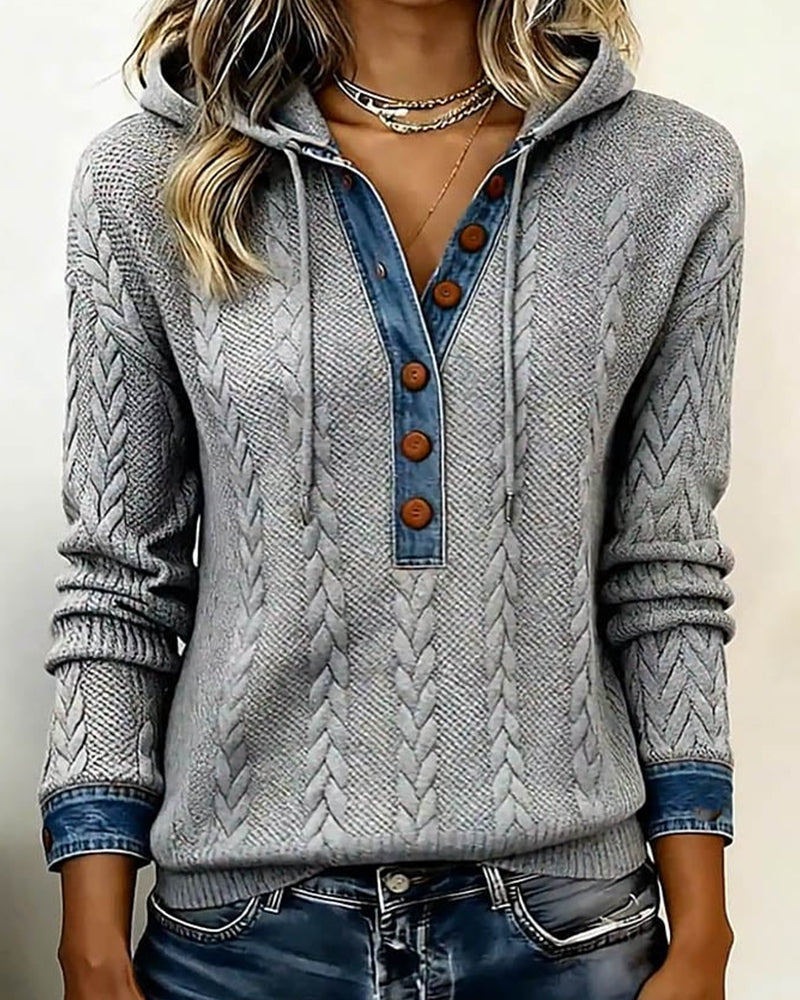 Fargeblokkert Langermet Hettegenser Med Knapper