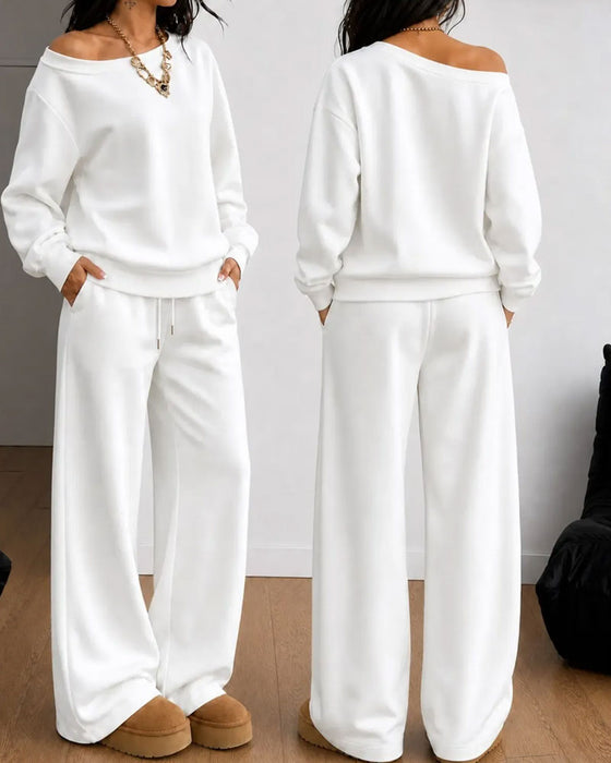 Sett En Skulder Casual Sweatshirt Lange Bukser