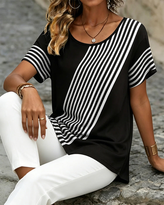 T-Shirt Diagonal Stripe Patchwork Rundhalset