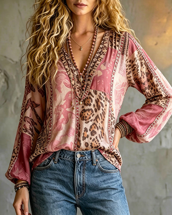 Bluse V-Hals Leopardsmønster Fargeblokk Lykterme