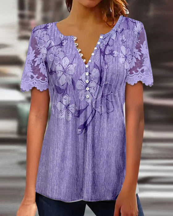 Bluse Med Blondedetalj Rund Hals Trykt