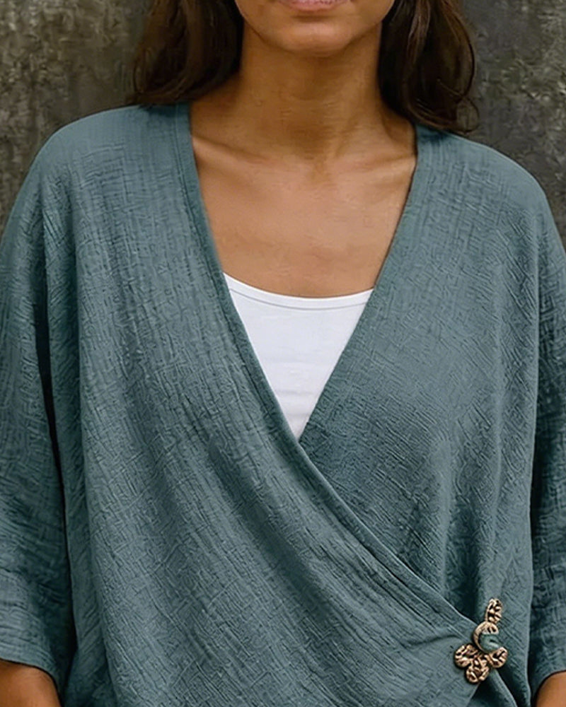 Bluse V-Utringning Kryss Foran 3/4-Erm