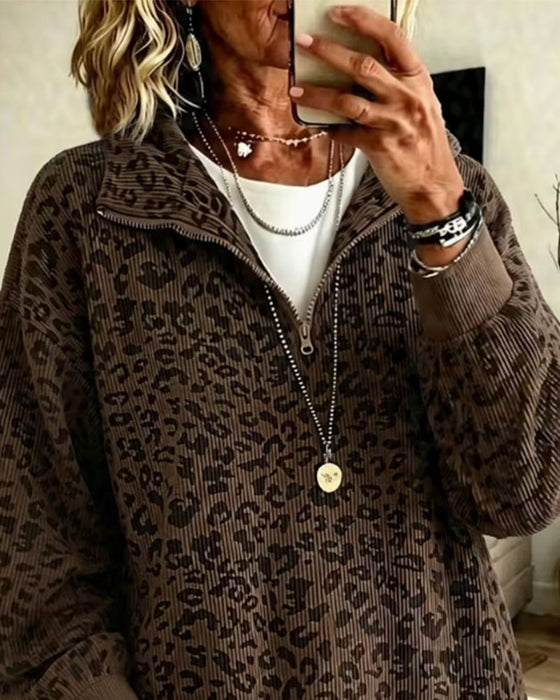Sweatshirt Halv Glidelås Leopard Pullover