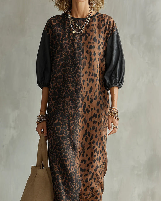 Kjole Leopard Trykk Fargeblokk Puff Erme