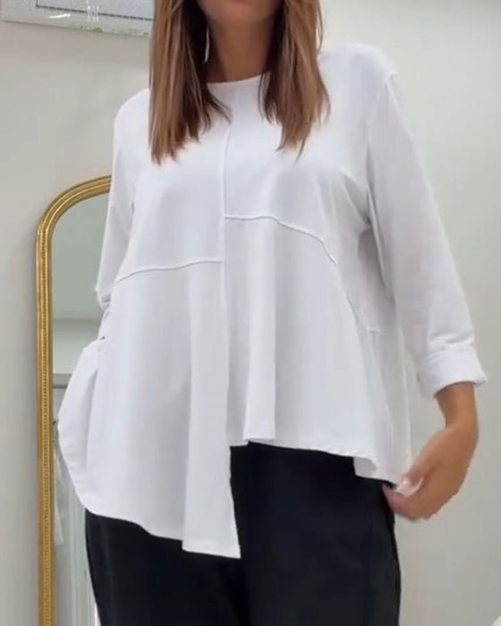 Topp Rund Hals Patchwork Asymmetrisk Solid