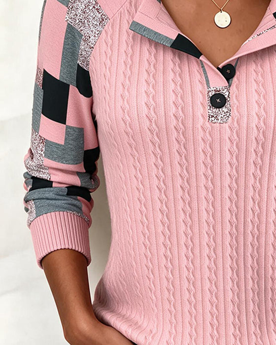 Sweatshirt Fargeblokk Henley Krage Langermet Knappet