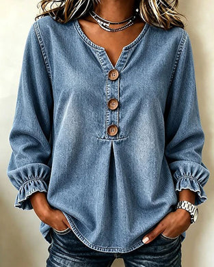 Topp Denim V-Hals Knapp Rysjeerm