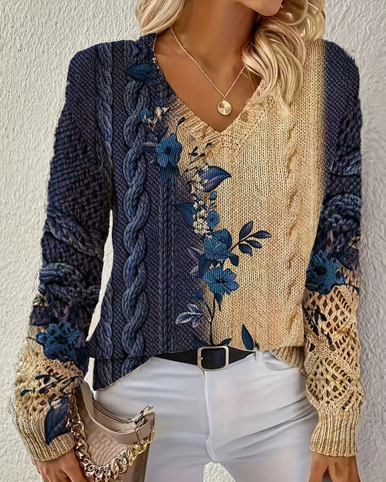 Pullover Gradient Fargeblokk Blomstret V-Hals Uthuling