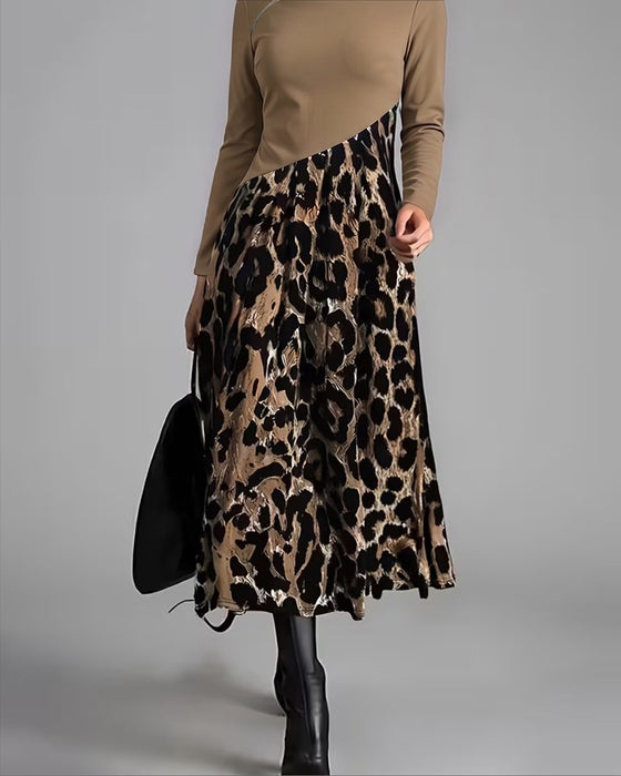 Kjole Rundhalset Leopard Full Skjørt