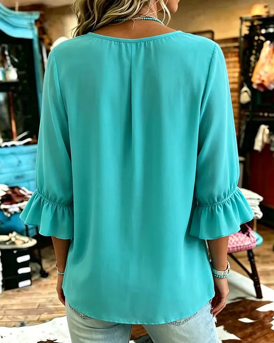 Bluse Solid Farge Rynket Erme Snøring