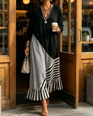 Kjole V-Hals Stripe Patchwork Ruffle