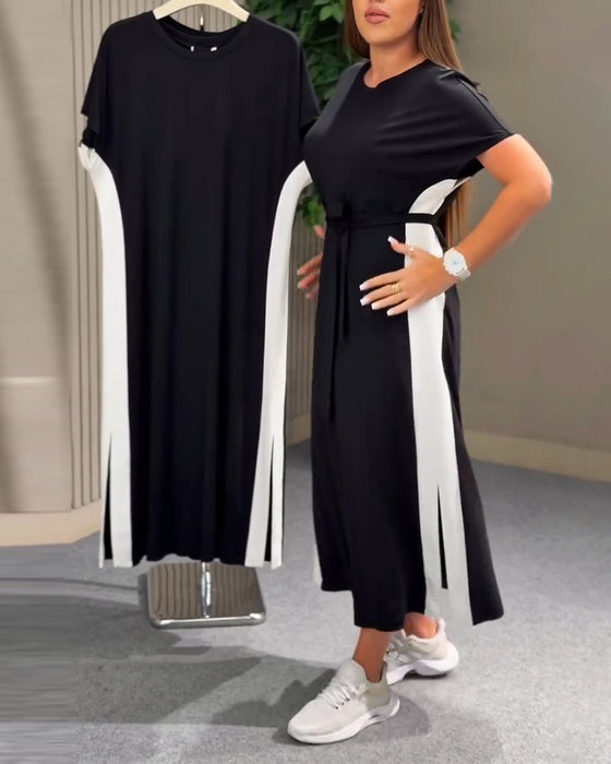 Kjole Rund Hals Lappeteknikk Kort Erme