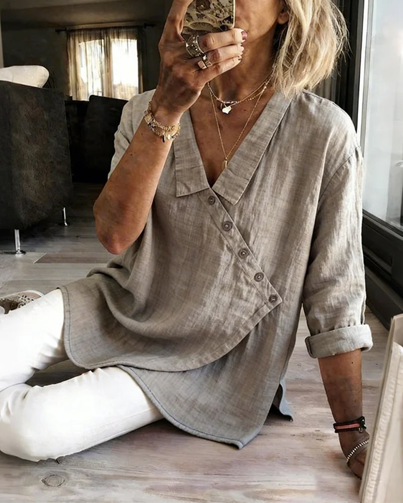 Bluse Med Asymmetrisk Diagonal Knappelukking Og Krage