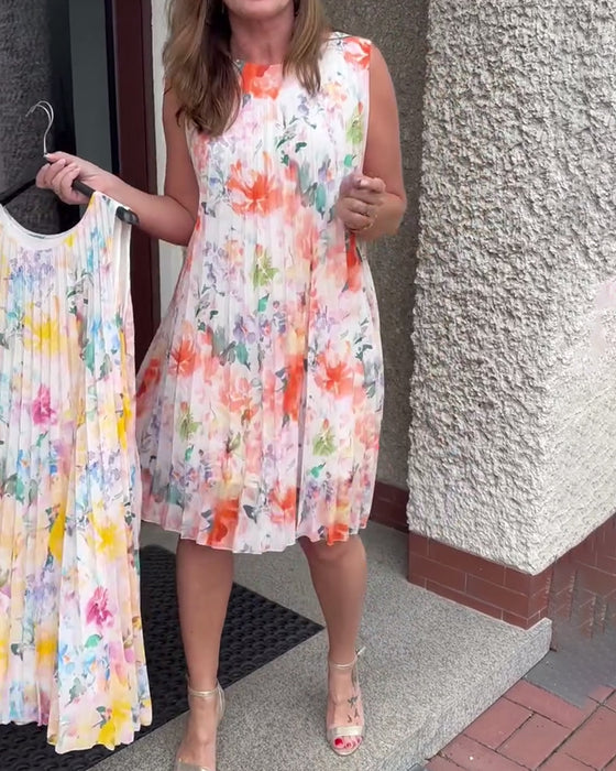 Kjole Ermeløs Plissert Blomstret