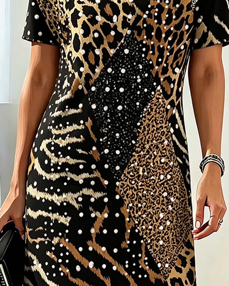 Kjole Leopardmønster Rundhalset Kortermet Patchwork