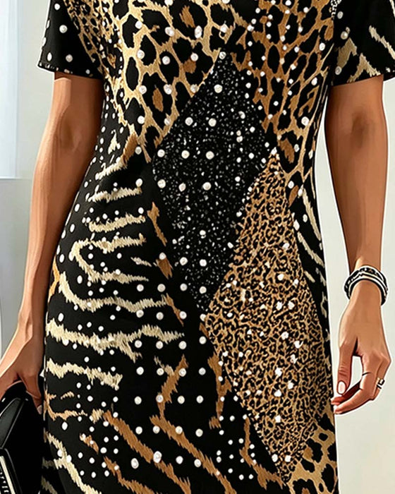 Kjole Leopardmønster Rundhalset Kortermet Patchwork