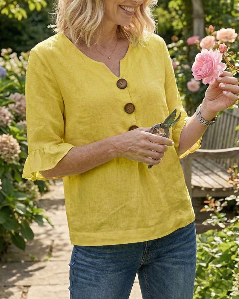 Bluser Ensfarget Bomull-Lin Treknapper Rysjer