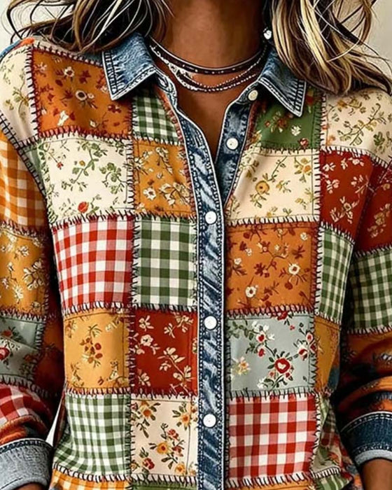 Topp Krage Rutet Denim Patchwork