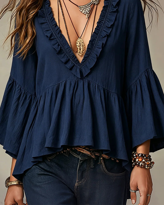 Bluse V-Hals Scallop Ruffle Kant