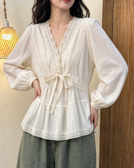 Bluse V-Hals Boble Erme Blonder Patchwork Utstilt