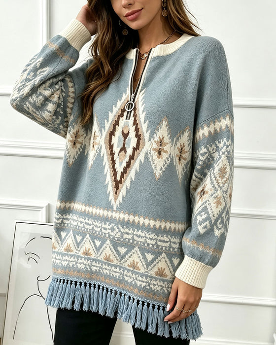 Genser Geometrisk Jacquard Halv-Zip Frynset Kant