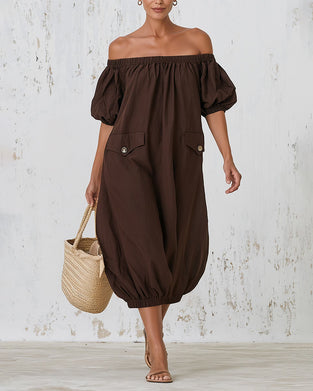 Kjole Off-Shoulder Boble Erme Lomme