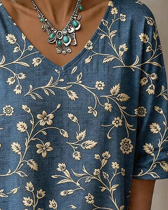 Bluse V-Utringning Halv Erme Blomstret